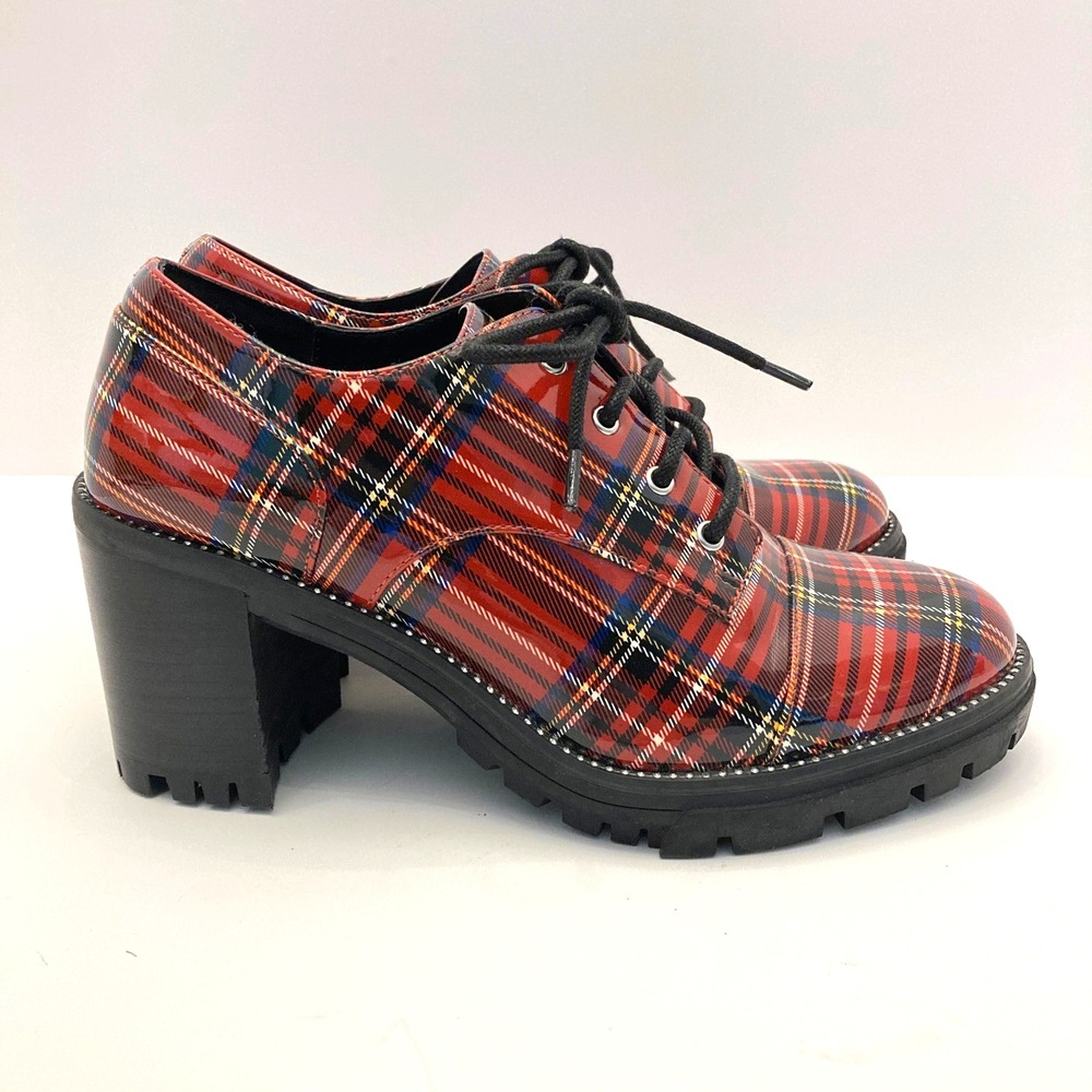 Jessica Simpson Resina Heeled Oxfords Red Plaid Patent Faux Leather Womens 7 M - Picture 3 of 11